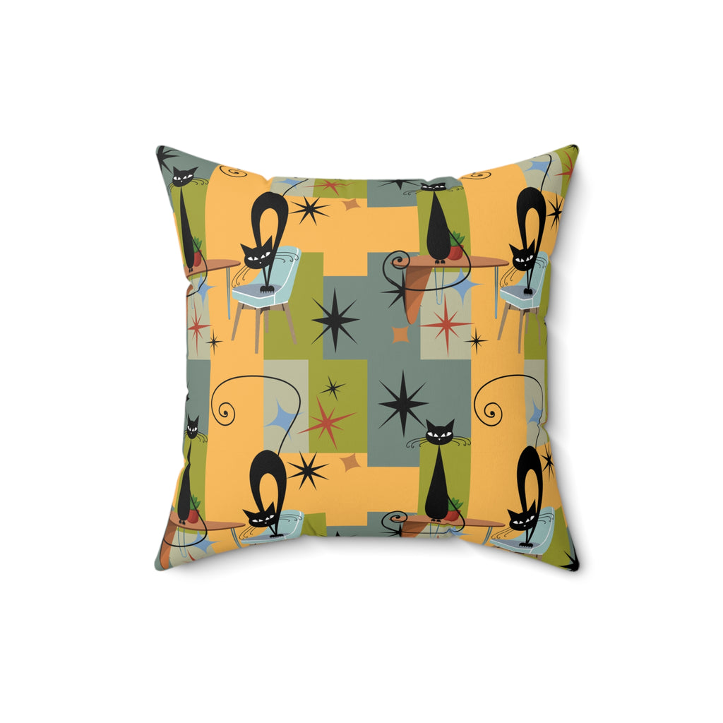 Mid-Century Black Cat Decorative Pillow — Retro Starburst Pattern