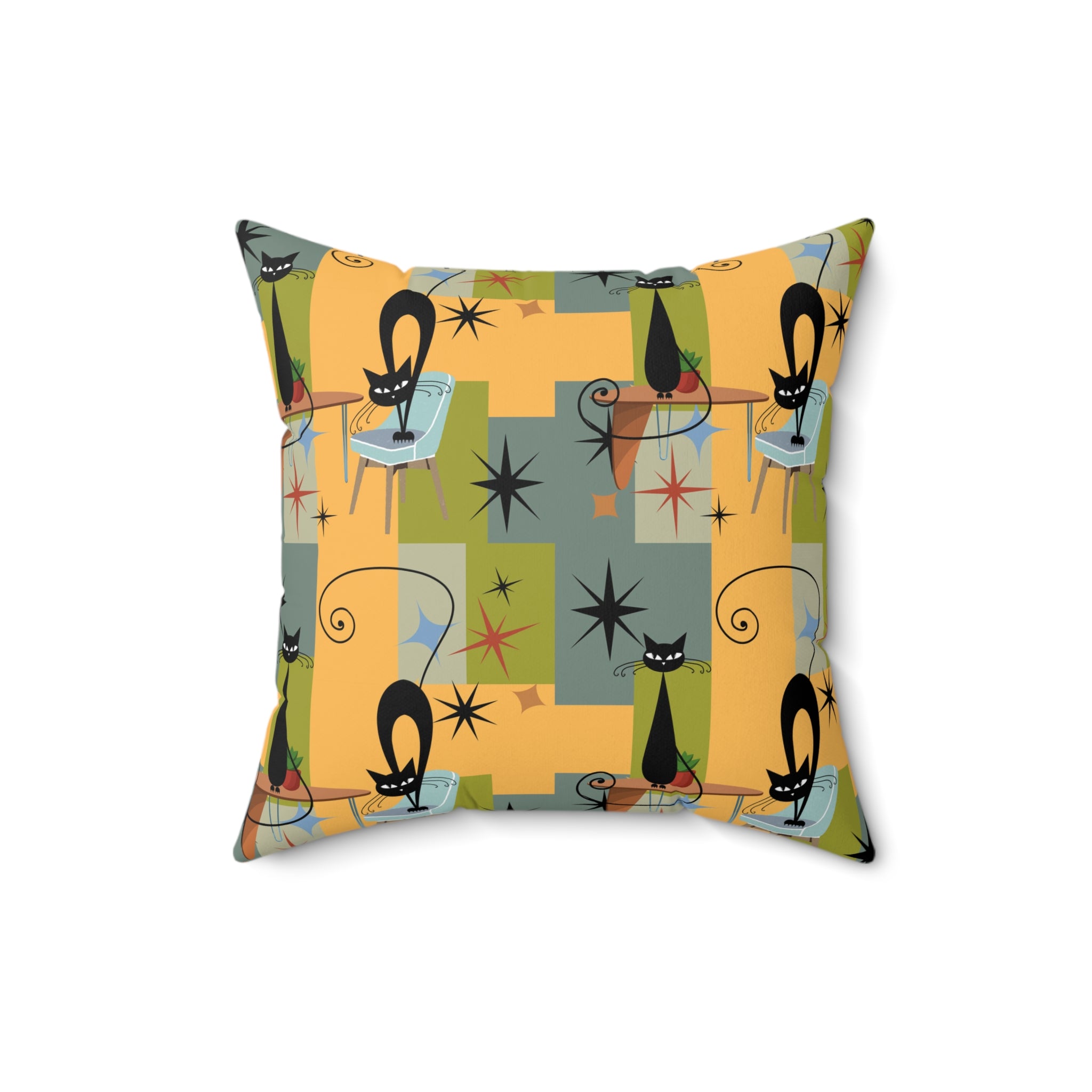 Mid-Century Black Cat Decorative Pillow — Retro Starburst Pattern