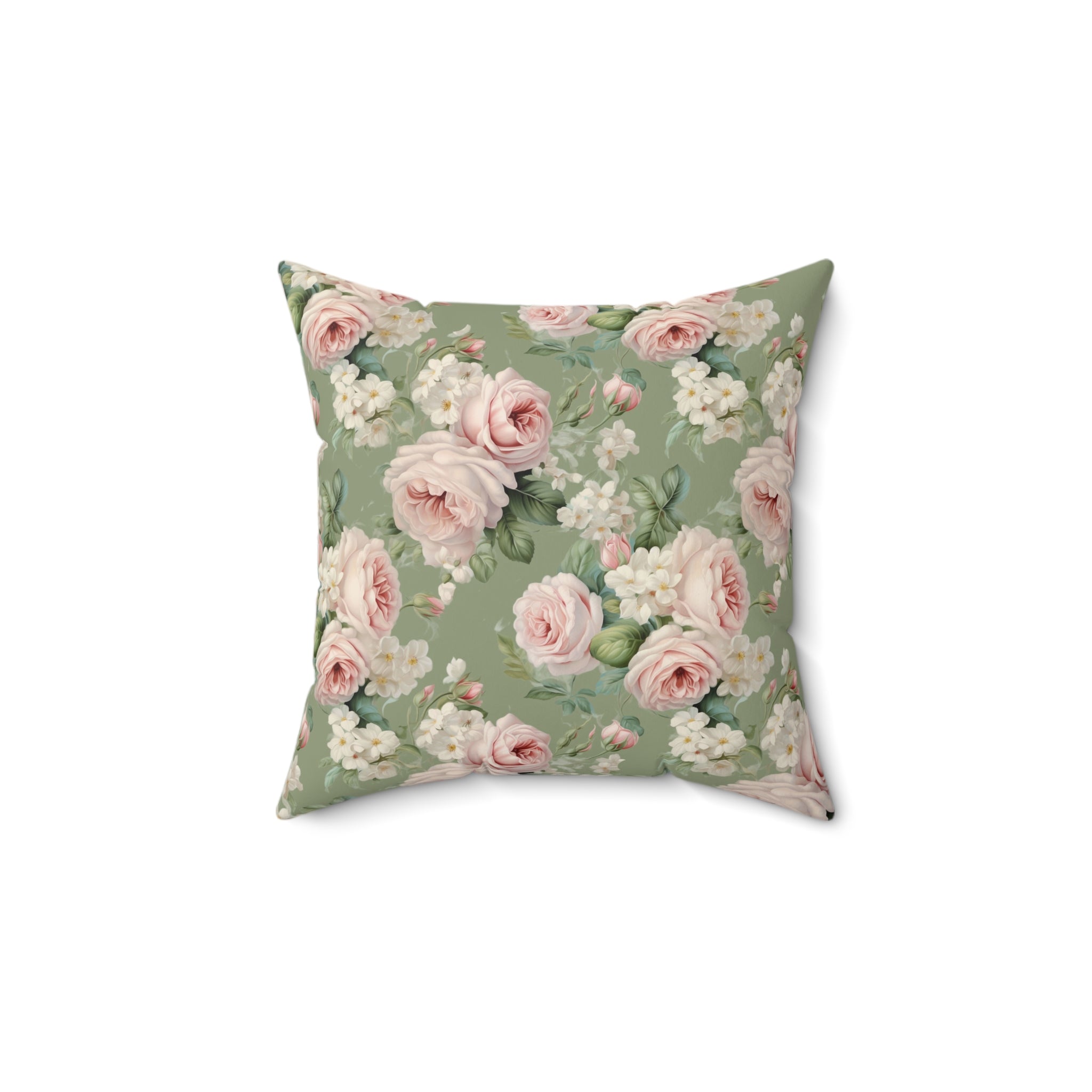 Pink vintage roses with green background Spun Polyester Square Pillow, Shabby chic, Farmhouse decor, country cottage, scatter throw cushion