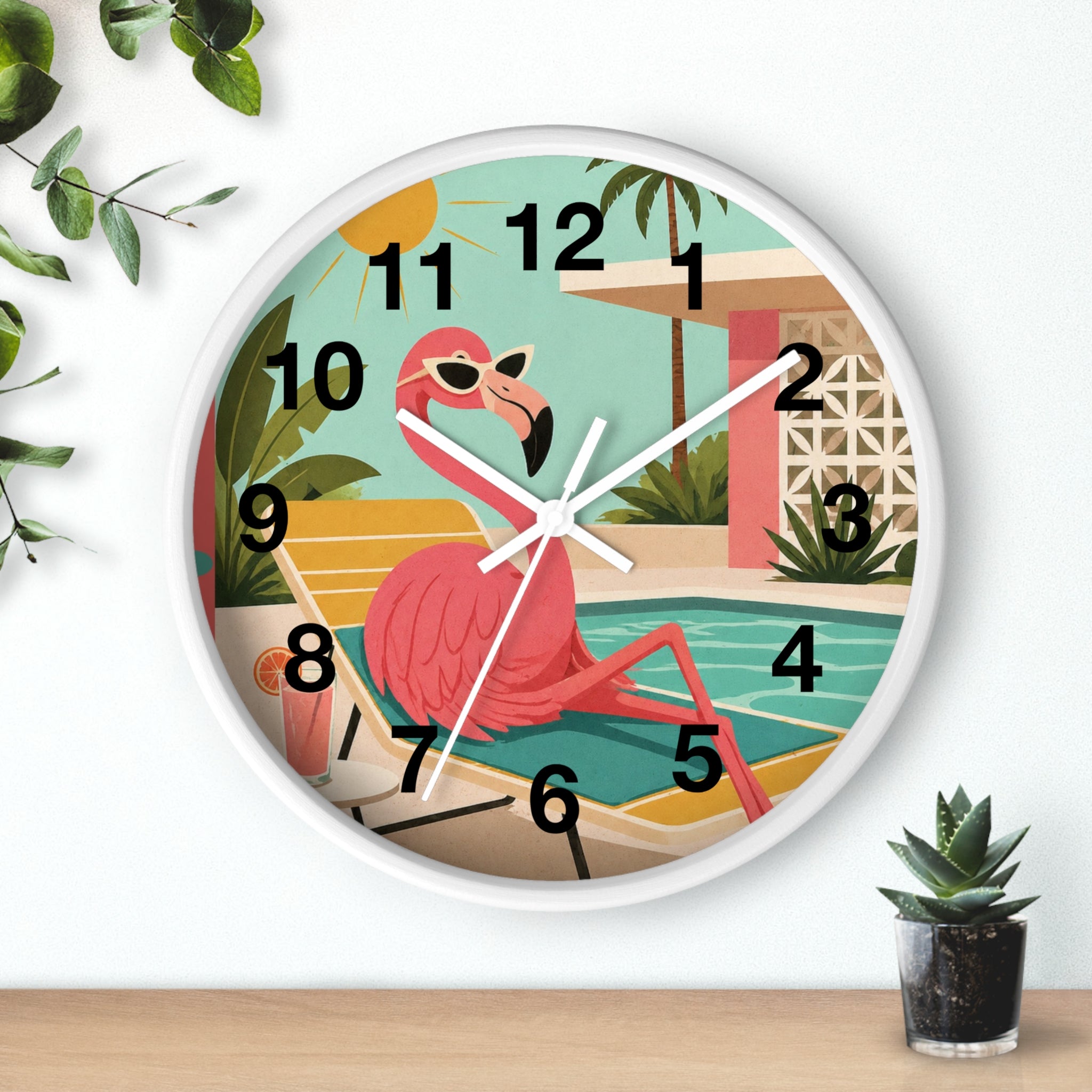 Retro Flamingo Poolside Wall Clock | Mid Century Tropical Illustration