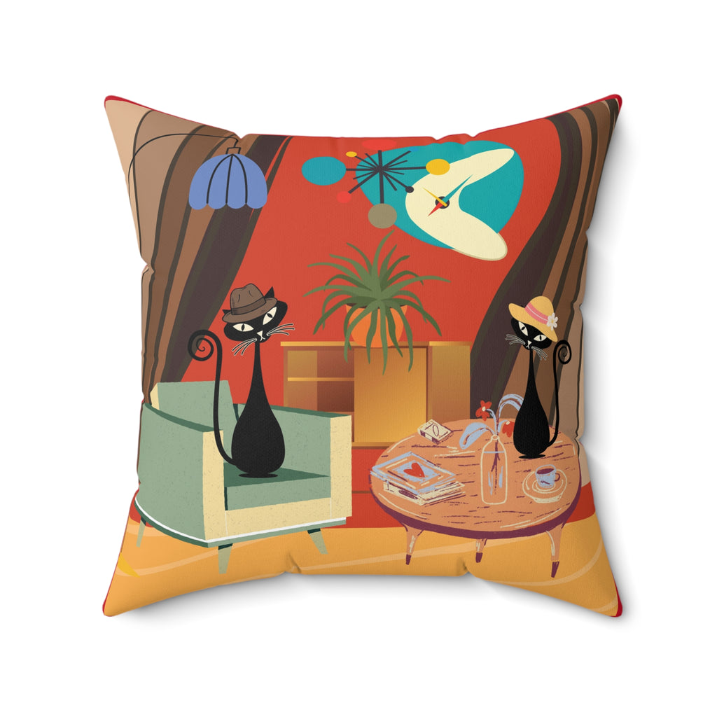 Atomic cat MCM Spun Polyester Square Pillow, retro scatter throw cushion, Mid Century Modern, black cat lover gift