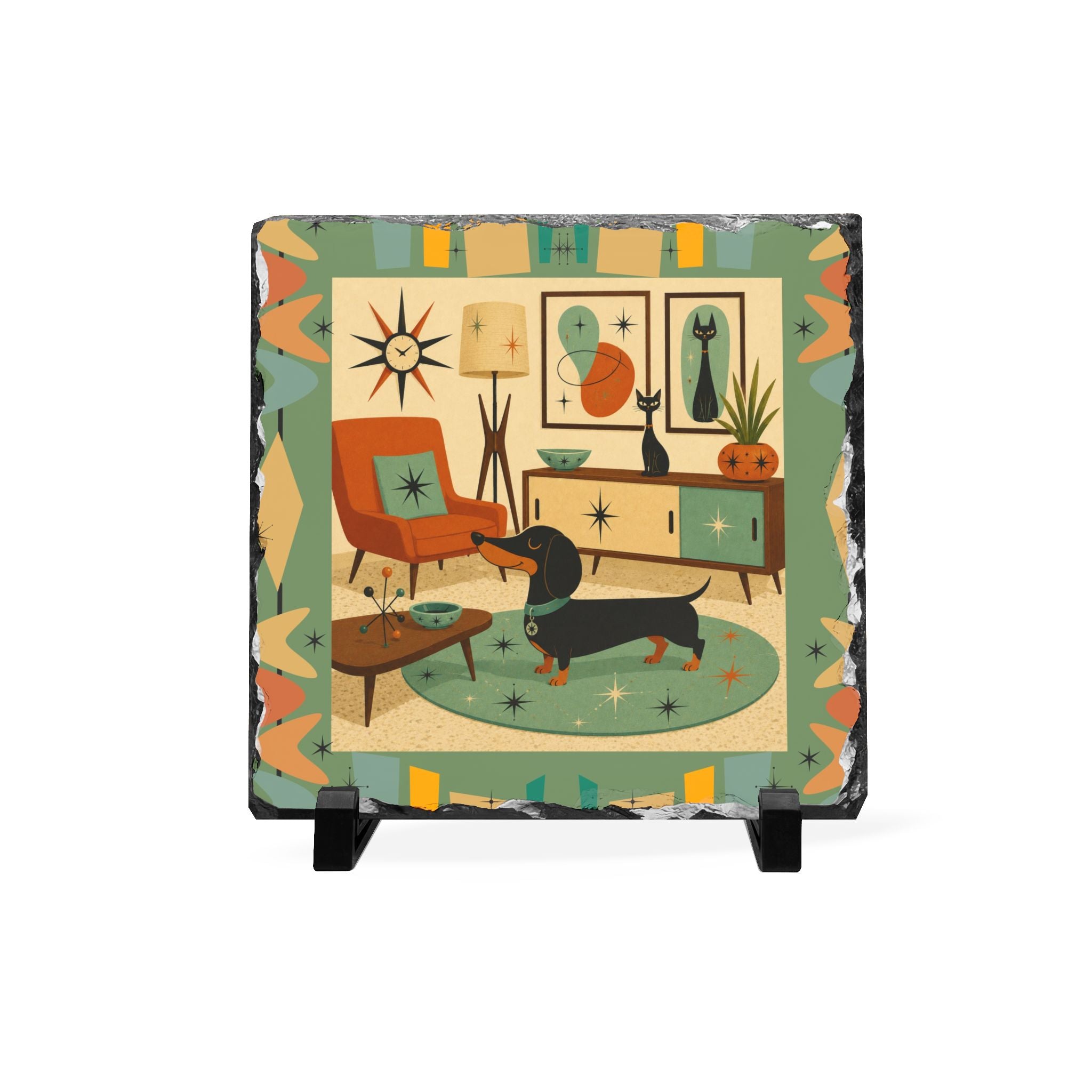 Mid Century Dachshund Slate Desk Plaque | Retro Living Room Art