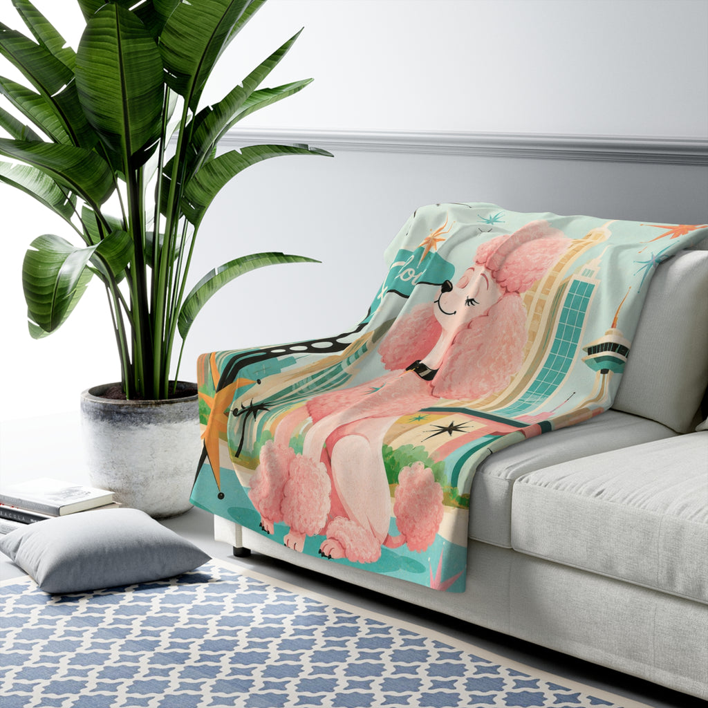Retro Fabulous Pink Poodle Sherpa Blanket | Mid Century Cityscape