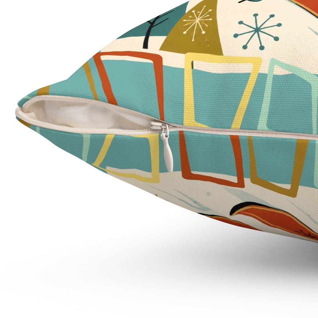 MCM Skiing Dachshund Pillow | Square Polyester Throw Pillow, Retro Winter Ski Art