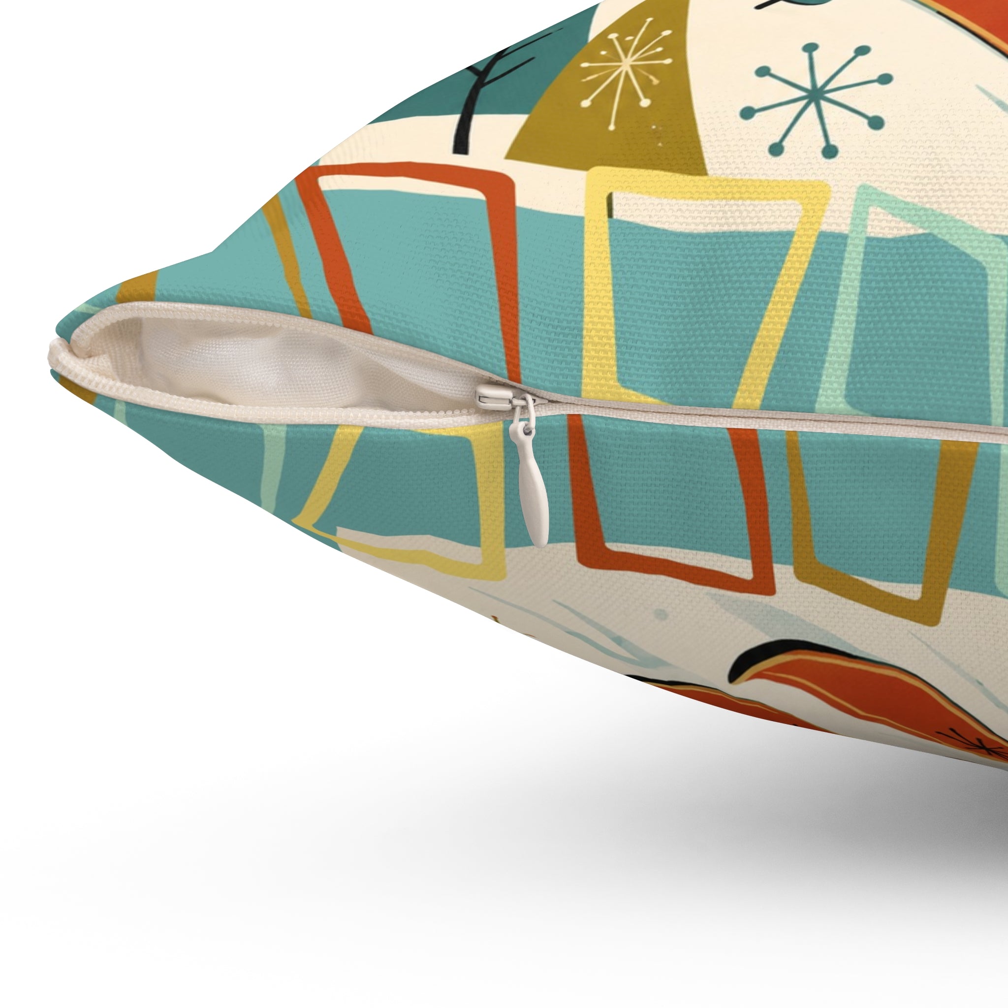 MCM Skiing Dachshund Pillow | Square Polyester Throw Pillow, Retro Winter Ski Art