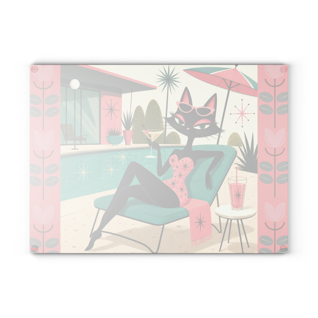 Retro Lounge Atomic Cat Glass Cutting Board | Mid Century Poolside Cocktail Art