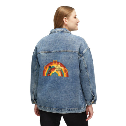 Atomic cat choose happy retro Women's Denim Jacket, ladies oversized jacket, blue denim, Mid Century clothing, black cat lover gift