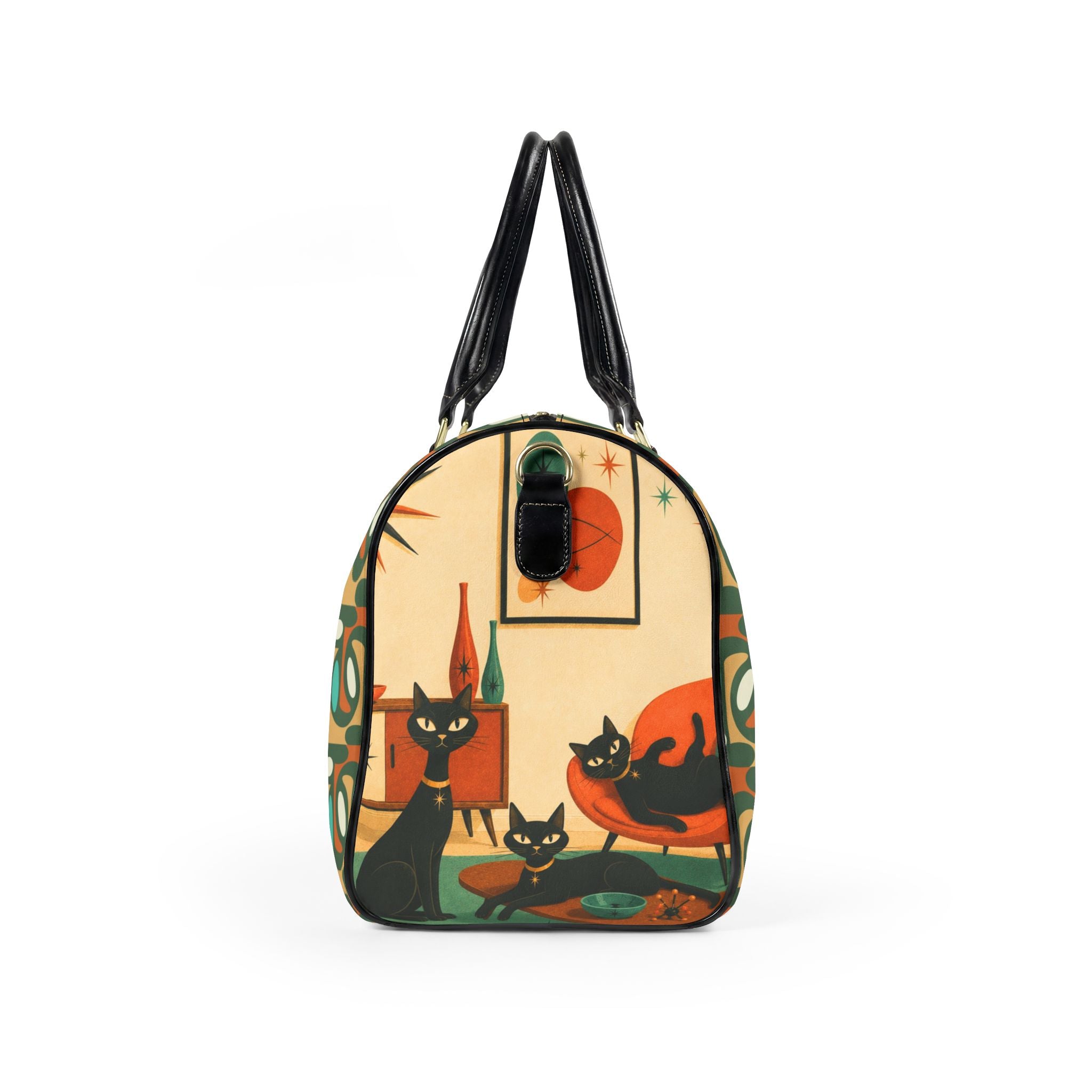 Mid Century Atomic Cat Scene Faux Leather Travel Bag | Retro Atomic Kitsch
