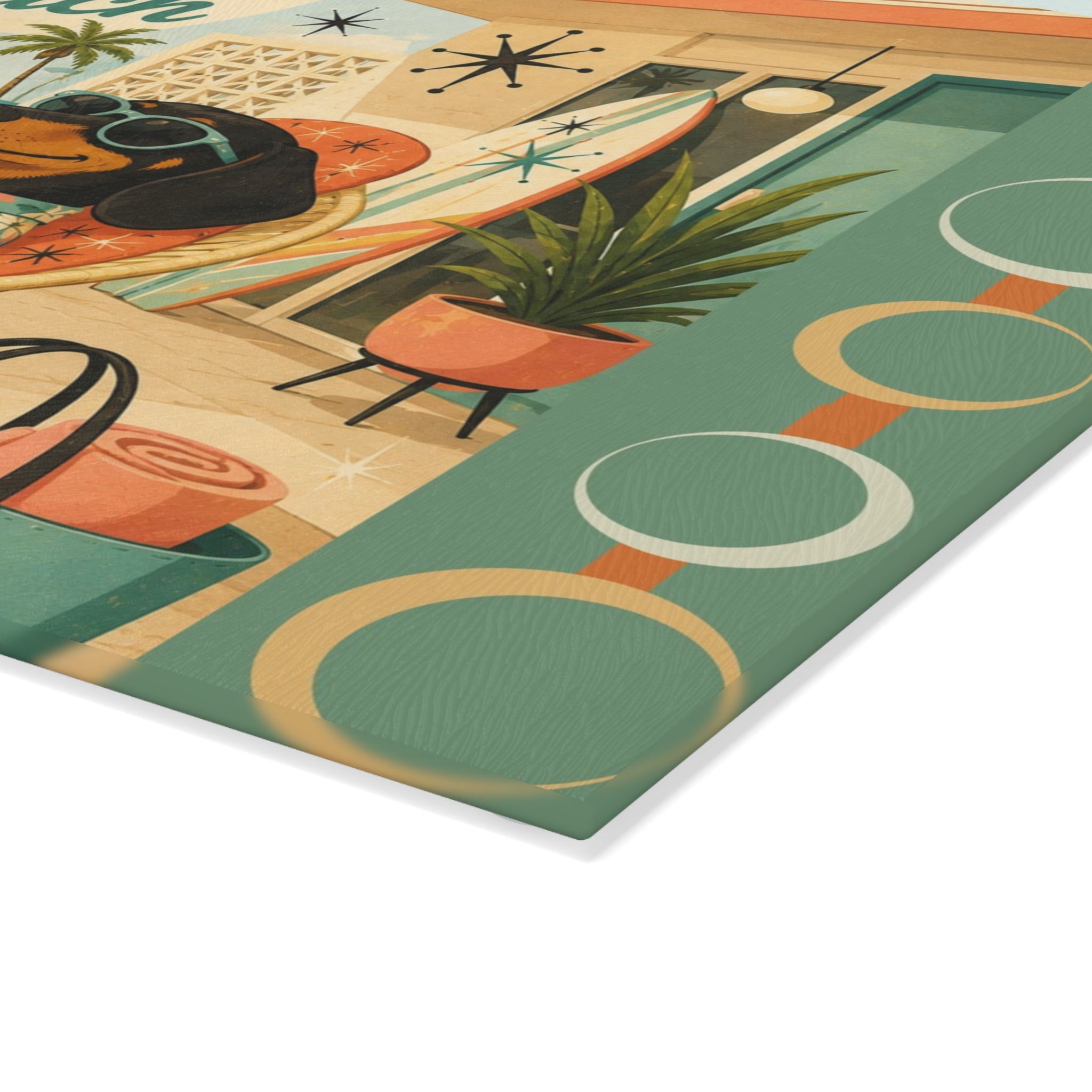 Life Is Better at the Beach Dachshund Glass Cutting Board | Retro Beach Scene