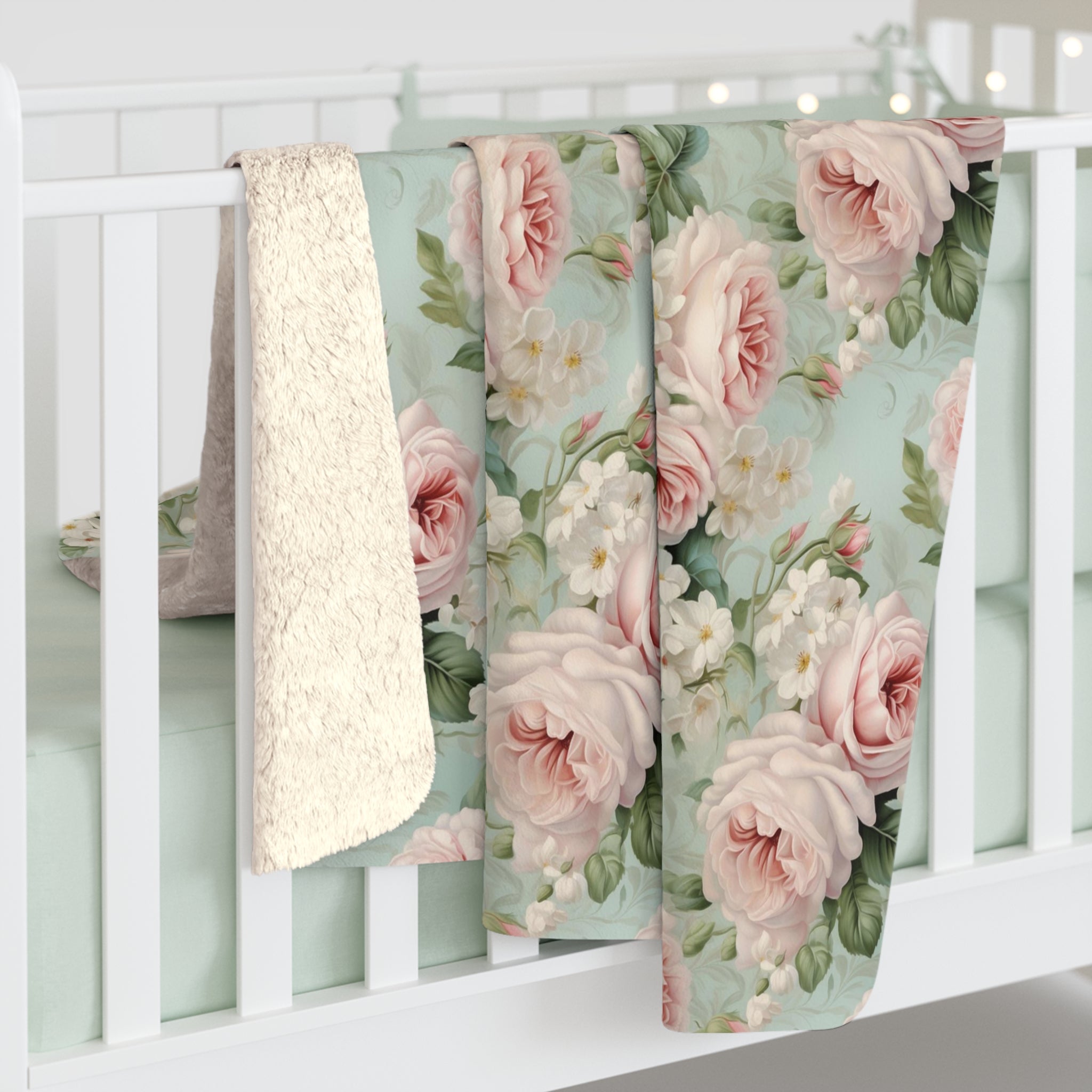 Pink vintage roses shabby chic style Sherpa Fleece Blanket, throw blanket, bedroom living room couch blanket