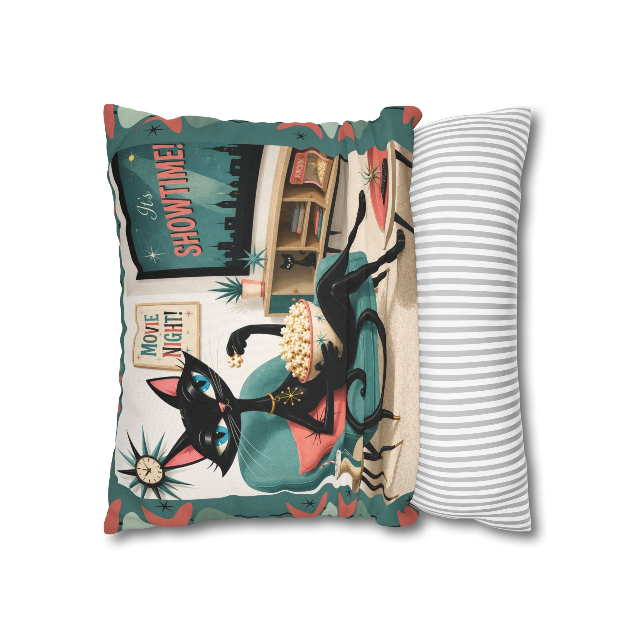 Retro atomic Black Cat Movie Night Pillowcase | MCM Square Pillowcase - Indoor use
