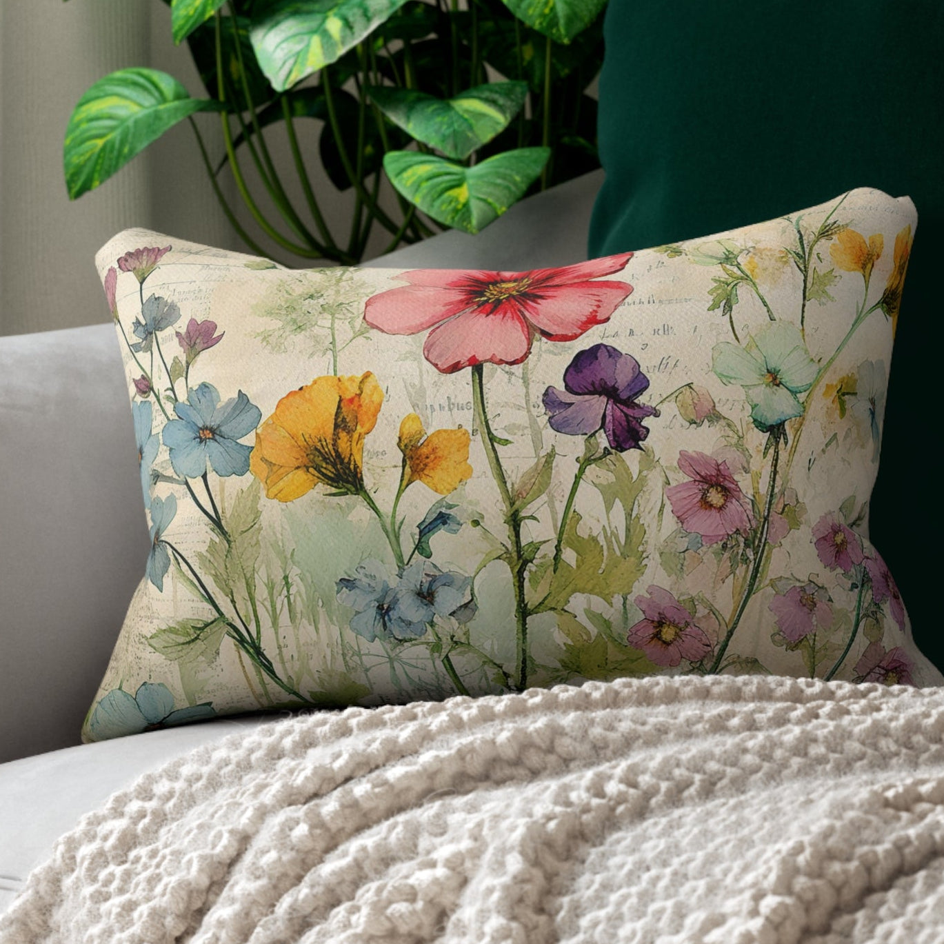 Wildflowers watercolor Shabby chic Polyester Lumbar Pillow, chic living room decor, cottage garden, scatter cushion, support pillow