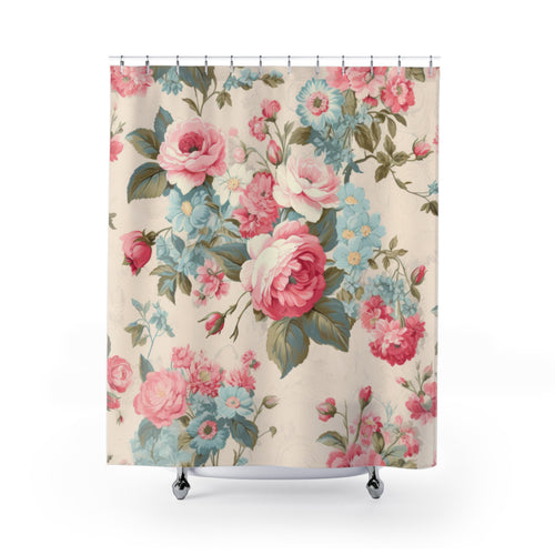 Blue and pink roses shabby chic shower curtain, vintage curtains, vintage bath decor, floral bathroom, flower curtains