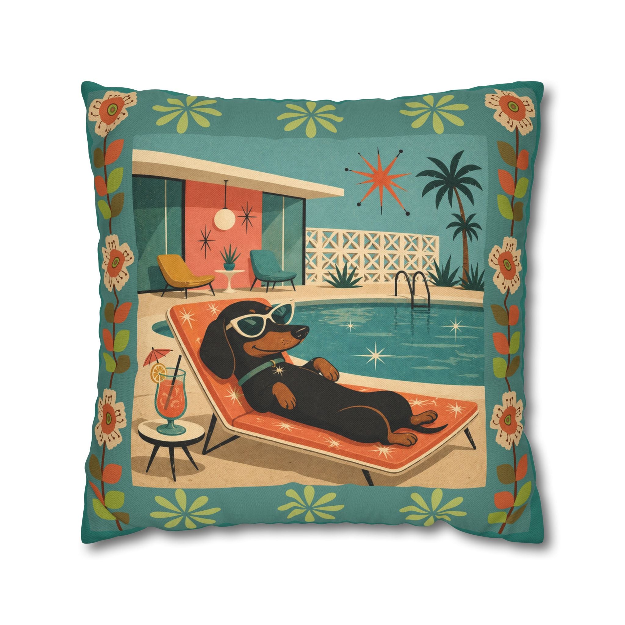 Retro Dachshund Pool Lounge Pillowcase | Square Pillowcase - COVER ONLY - Indoor Use