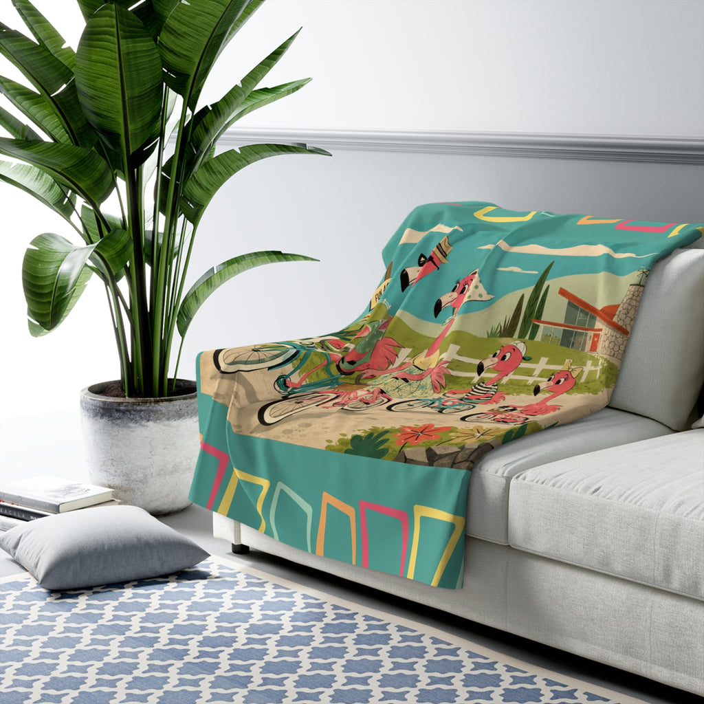 Retro Flamingo Family Bike Ride Sherpa Fleece Blanket | Vintage Tropical