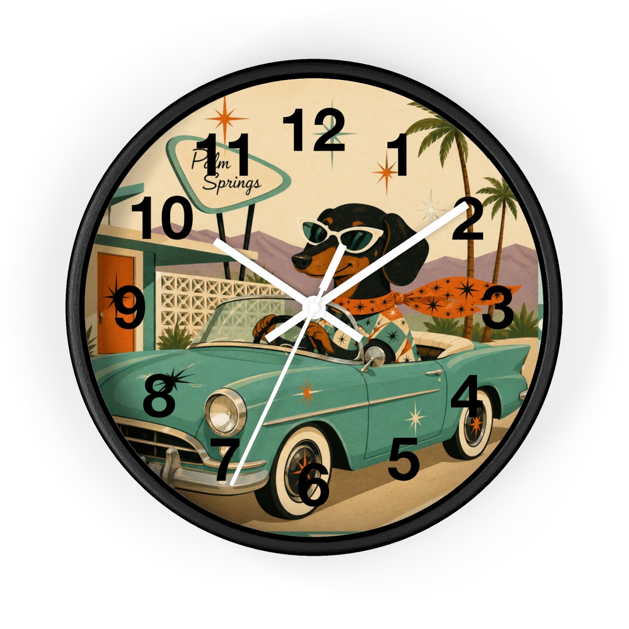 Dachshund Retro Roadtrip Wall Clock | Mid-Century Palm Springs Art
