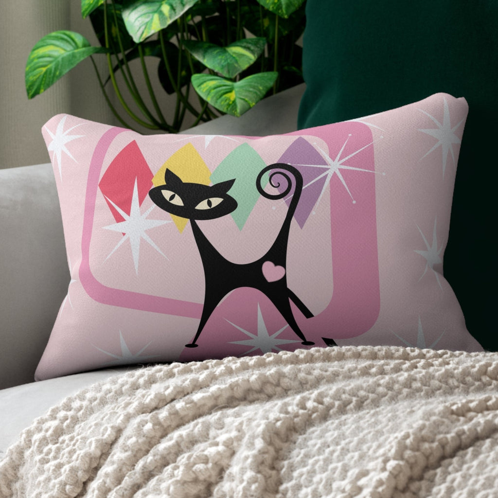Pink starburst Atomic cat MCM Spun Polyester Lumbar Pillow, retro inspired, kitschy, Mid Century modern, black cat lover gift