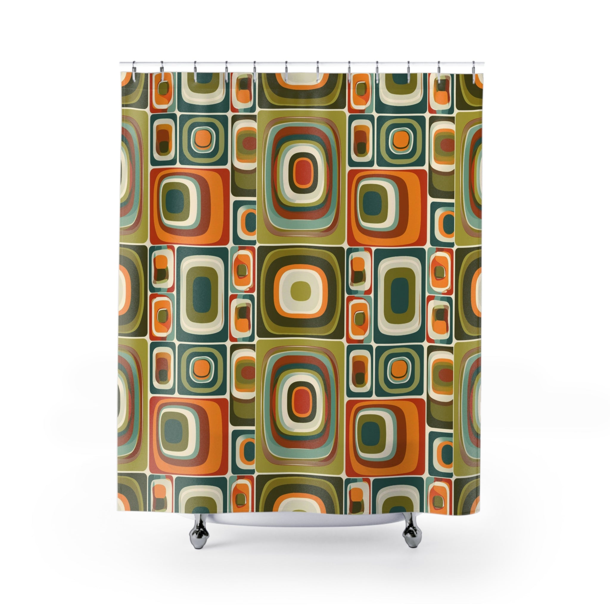 Groovy retro green and orange shapes Shower Curtain, retro bathroom, 60s 70s inspired design, funky shower curtain