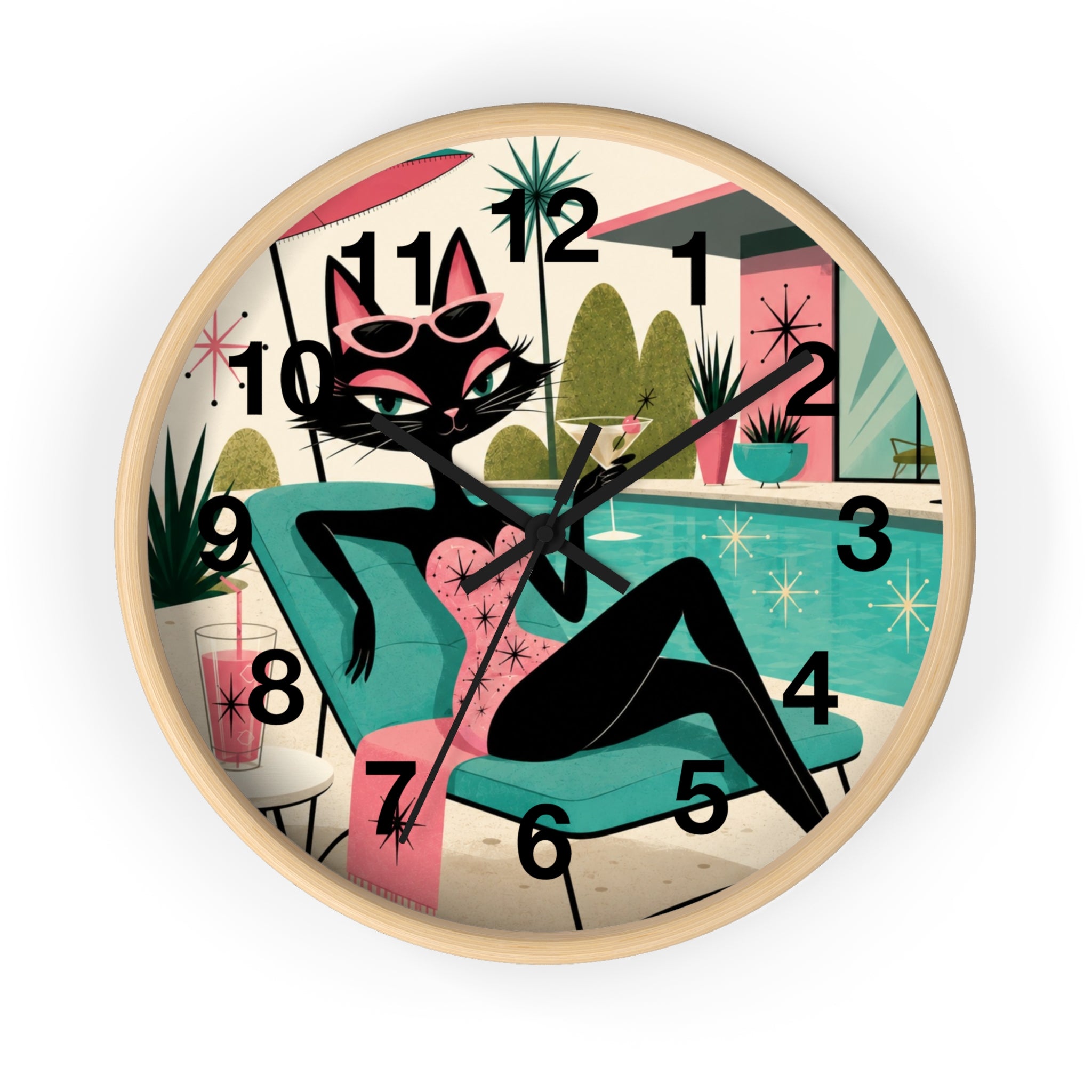 Retro Atomic Cat Lounge Wall Clock | Mid Century Modern Poolside Cat Art