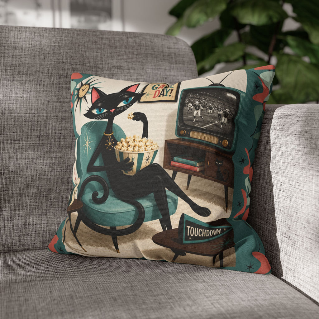 Retro Atomic Black Cat Watching Football Pillowcase | MCM Square Throw Pillowcase - Indoor use