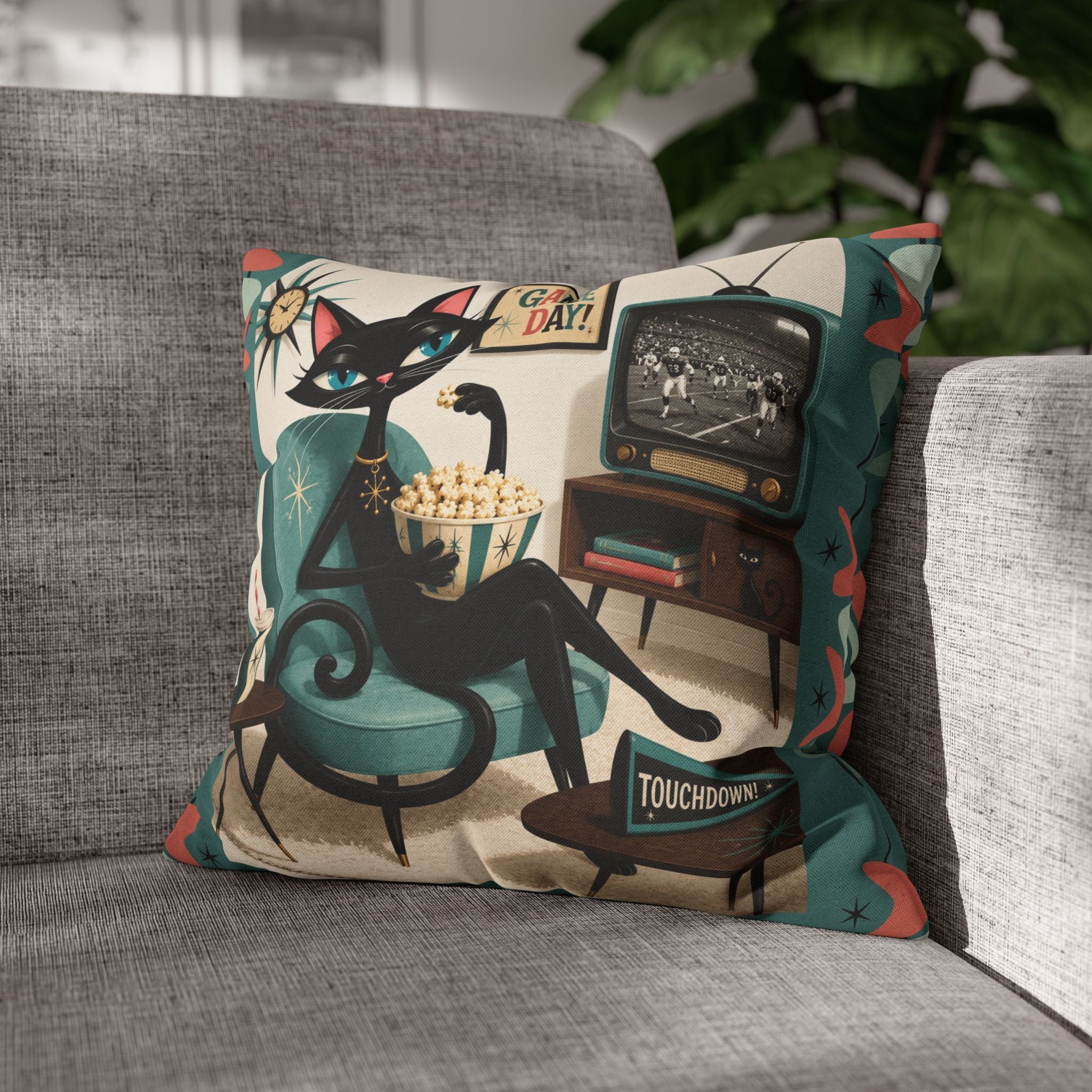 Retro Atomic Black Cat Watching Football Pillowcase | MCM Square Throw Pillowcase - Indoor use