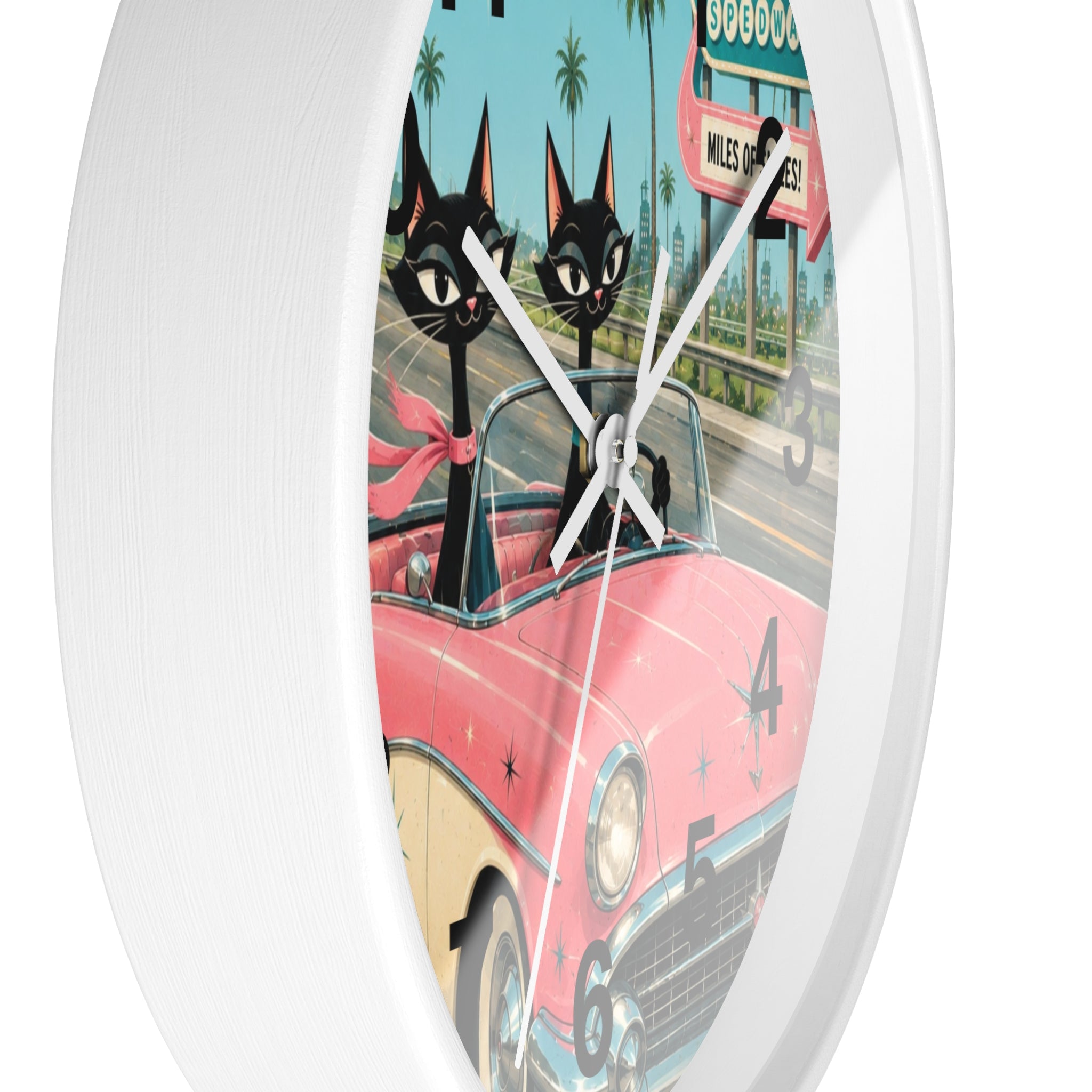 Retro Atomic Cat Roadtrip Wall Clock | Vintage Pink Convertible, Palm Trees