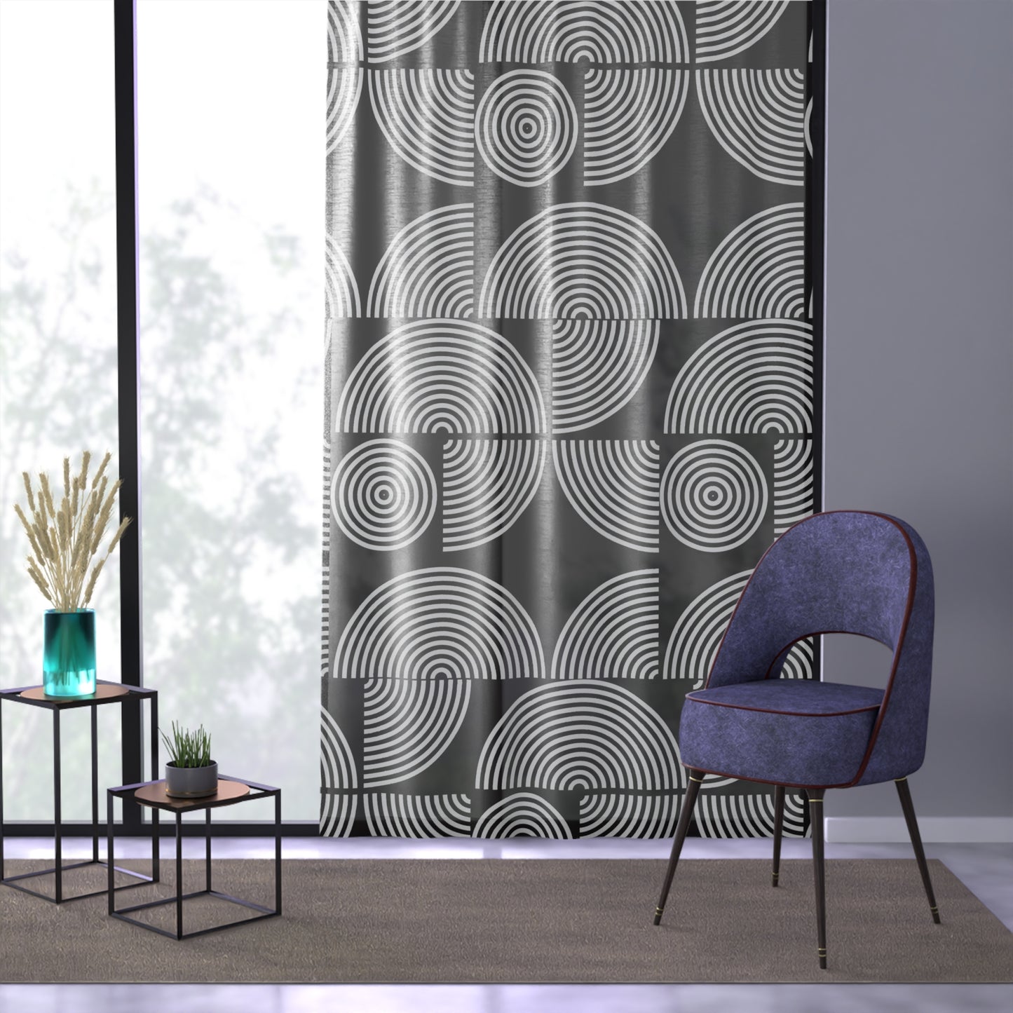 Black and white swirl MCM sheer Window Curtain, mid century modern, MCM home decor, retro inspired curtain