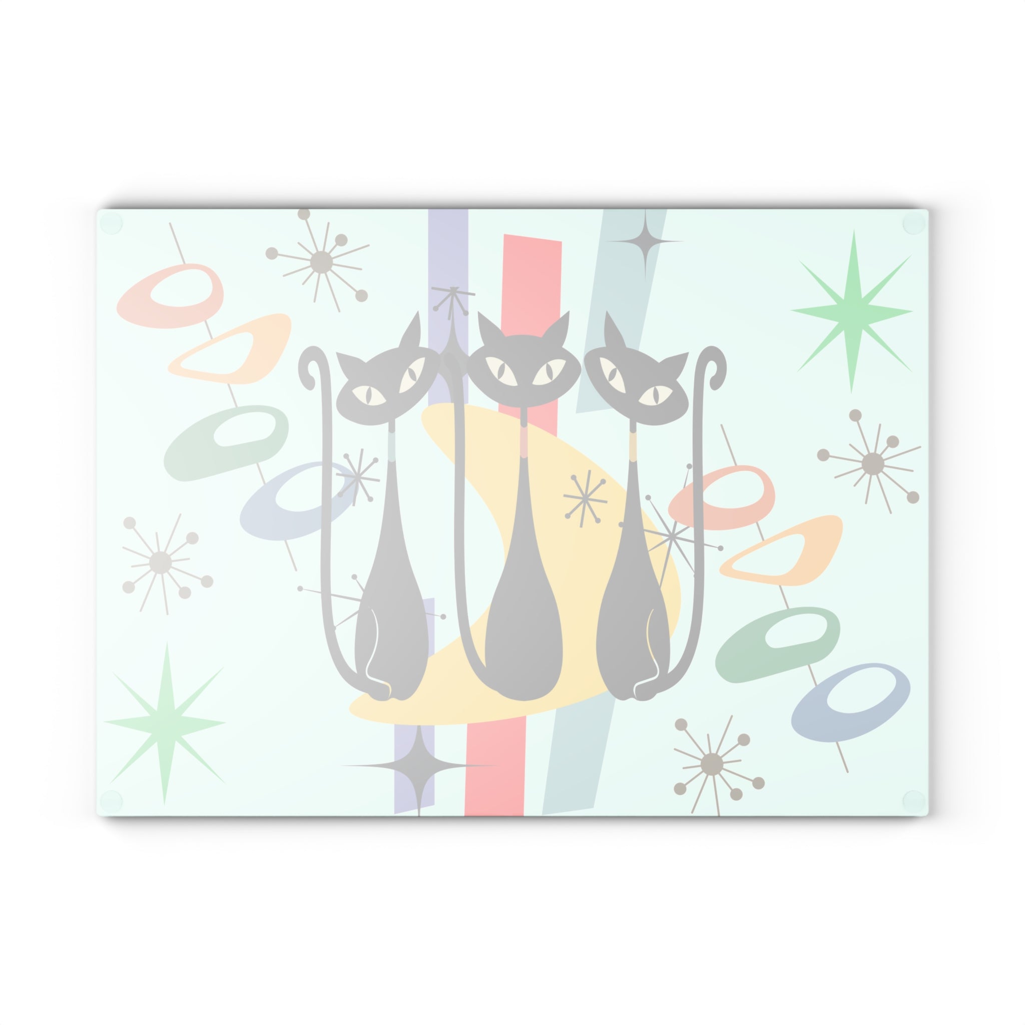 Mid-Century Retro Cats Glass Cutting Board – Vintage Atomic Deco Kitchen Decor