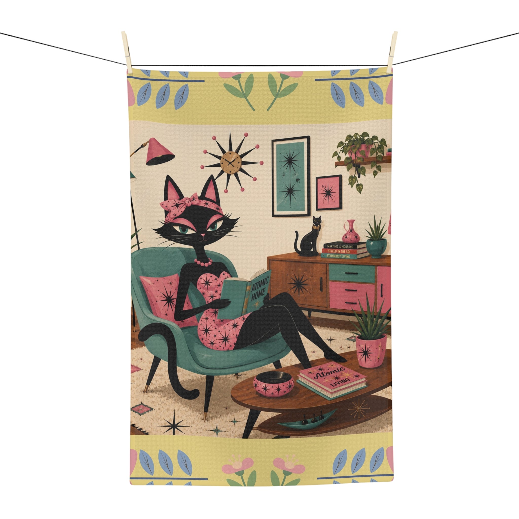 Retro Atomic Cat Lounge Microfiber Tea Towel | Mid Century Modern Cat Art