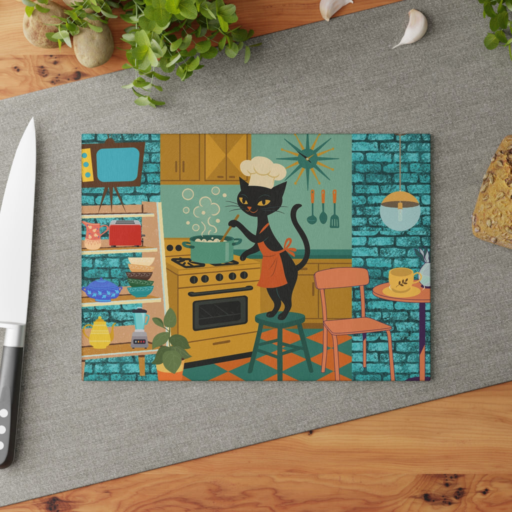 Whimsical Atomic Cat Glass Cutting Board, Retro Kitchen Decor, black Cat Lover Gift, Unique Cooking Accessory, Fun Gift Idea for Home