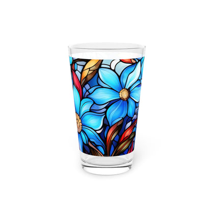 Blue flower stained glass (look only) Pint Glass, 16oz (Price is per glass)