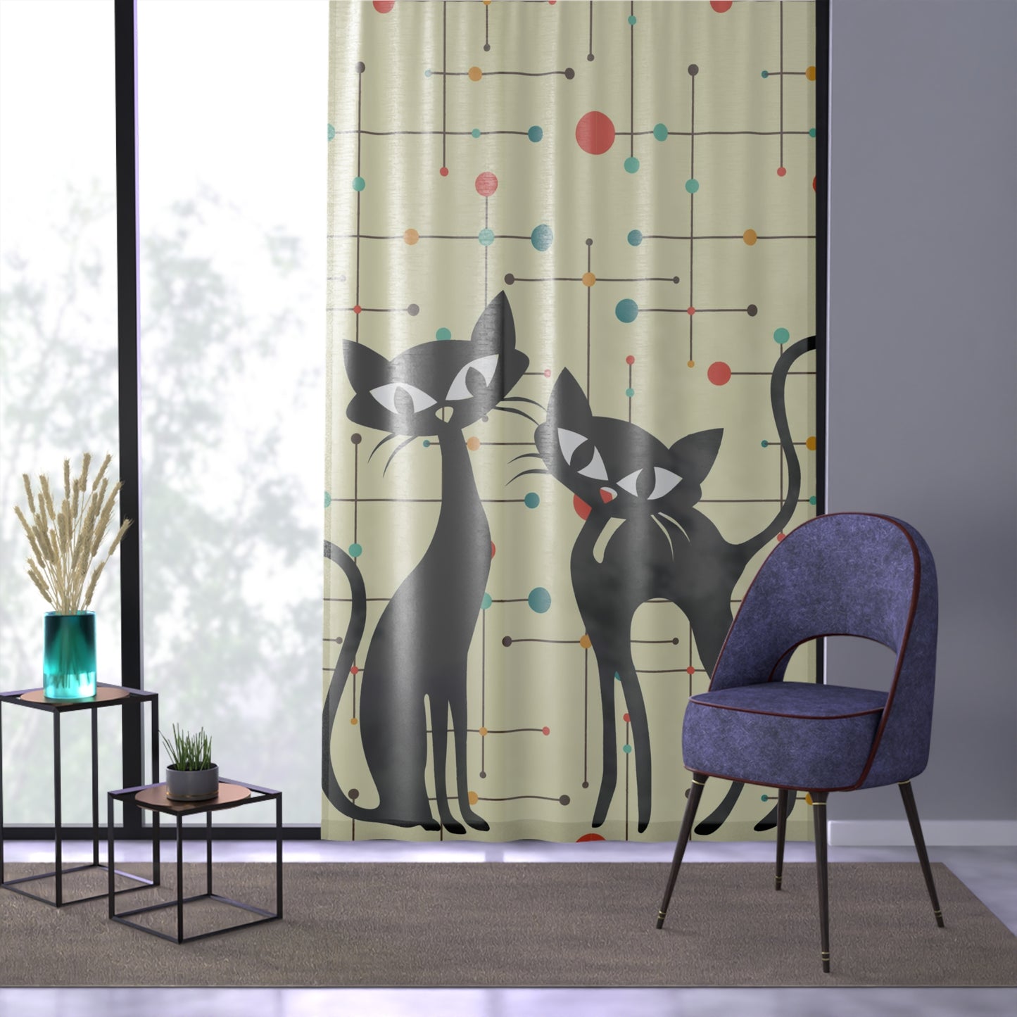 MCM atomic cat retro inspired sheer Window Curtain for living room or bedroom, mcm home decor