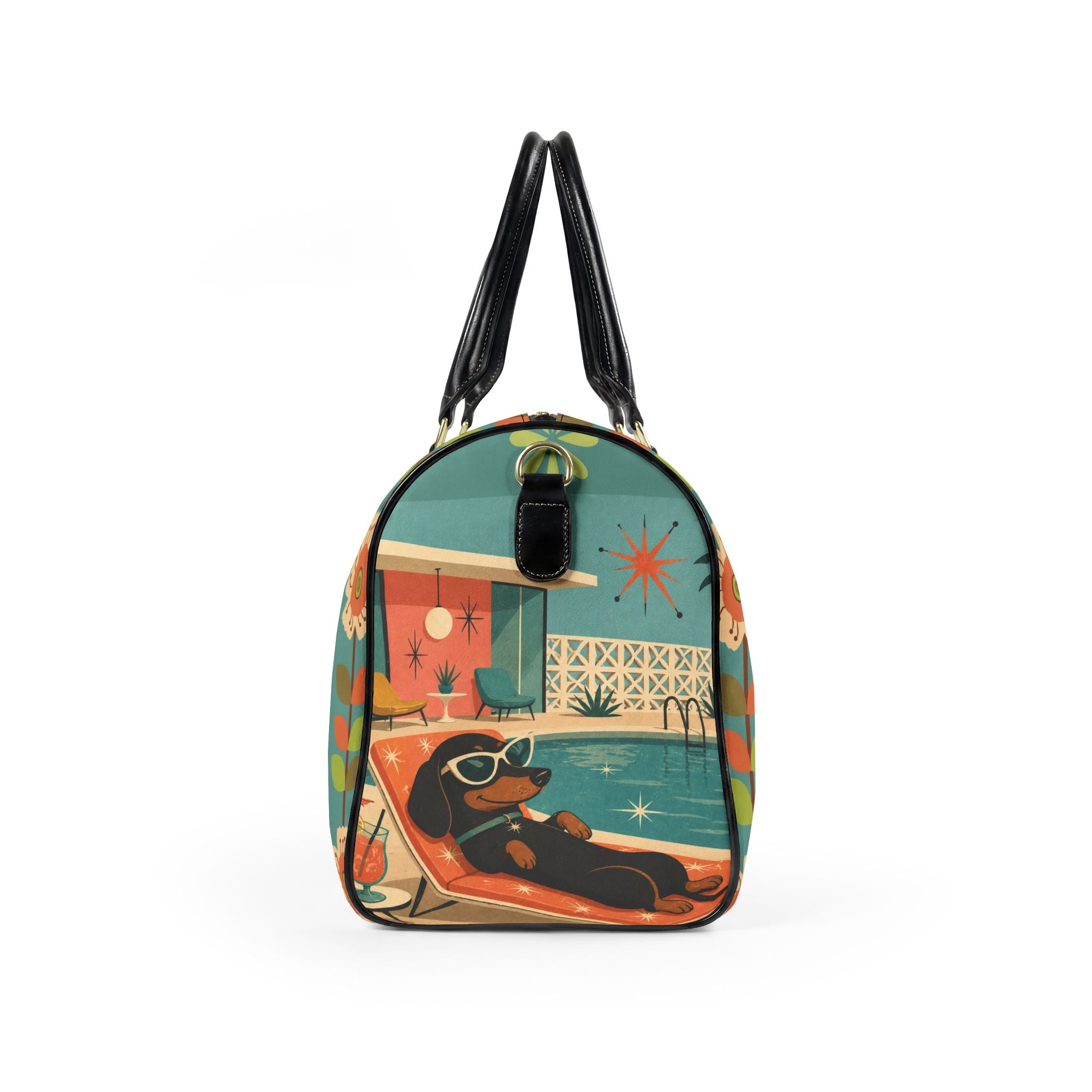 Retro Dachshund Poolside Lounge PU Leather Travel Bag | Vintage Mid Century