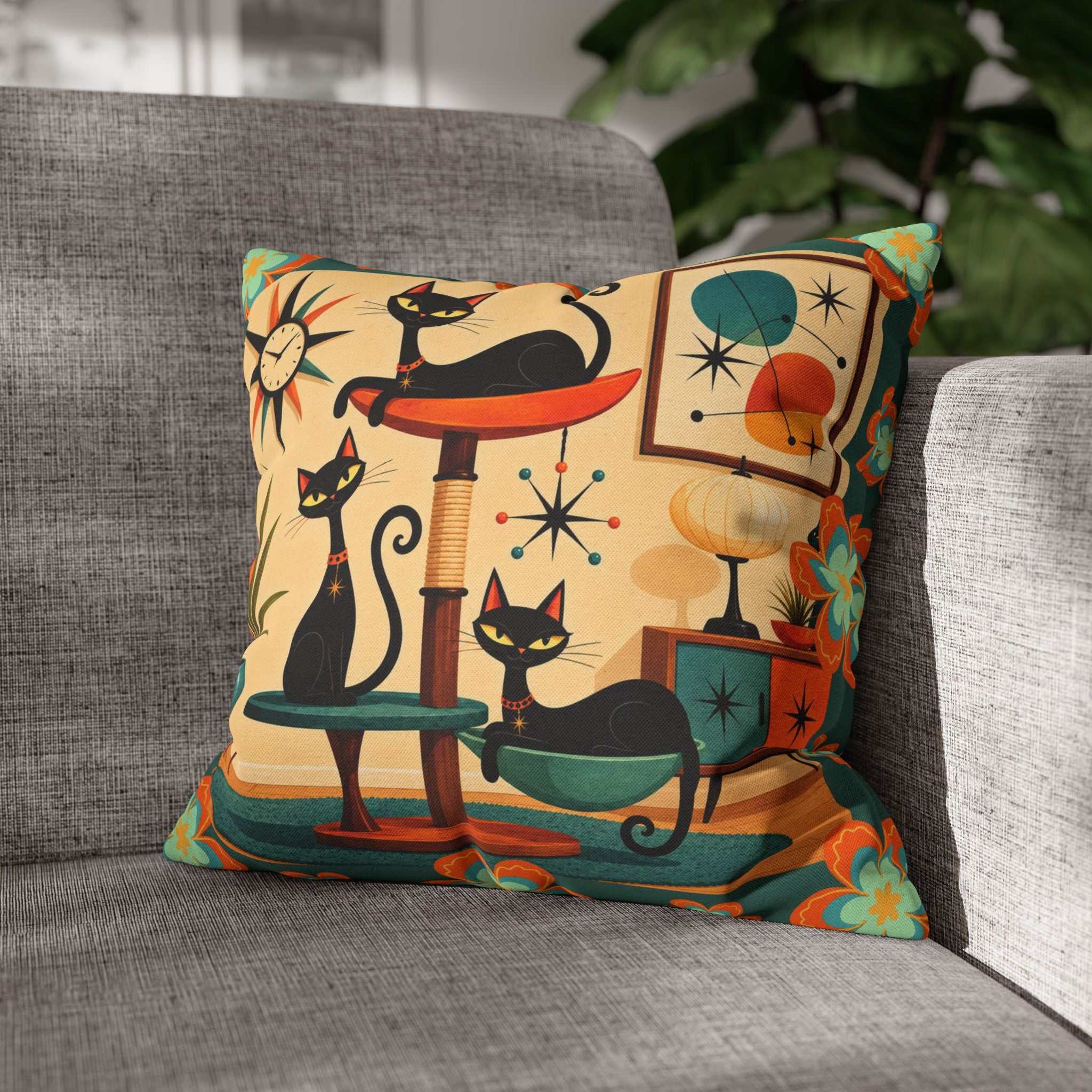 Retro Mid Century Atomic Cats pillowcase | Square Pillowcase - COVER ONLY