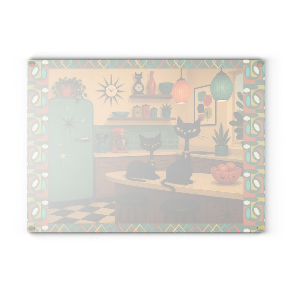 Retro Atomic Black Cats Kitchen Glass Cutting Board | Mid Century Cat Artwork