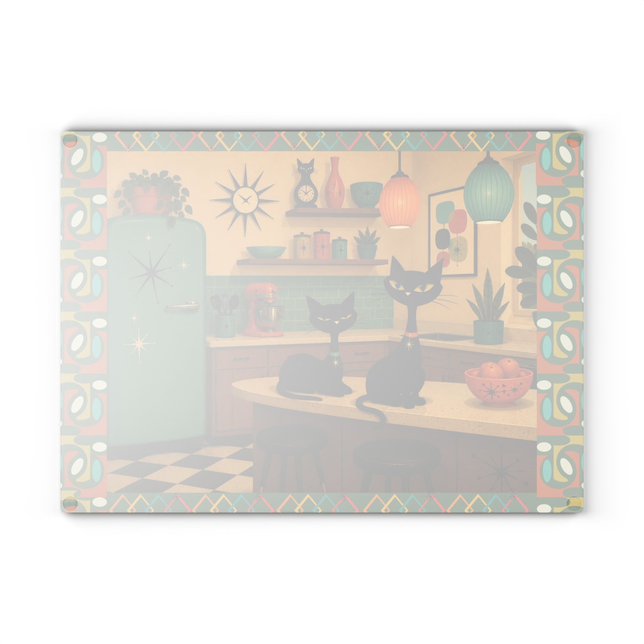 Retro Atomic Black Cats Kitchen Glass Cutting Board | Mid Century Cat Artwork