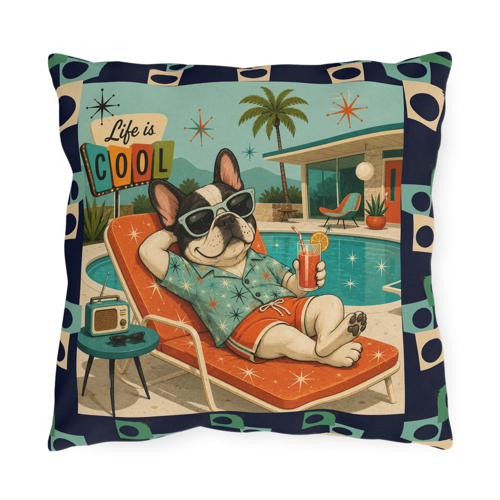 Retro French Bulldog Poolside Lounge Outdoor Pillow | Mid Century Cool