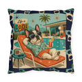 Retro French Bulldog Poolside Lounge Outdoor Pillow | Mid Century Cool