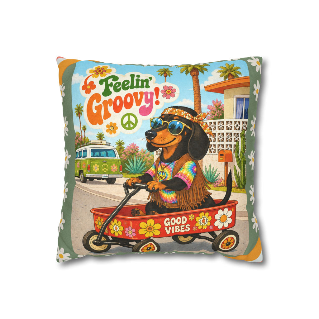 Feelin' Groovy retro Dachshund Pillowcase | 60s 70s pattern Square Decorative Pillow