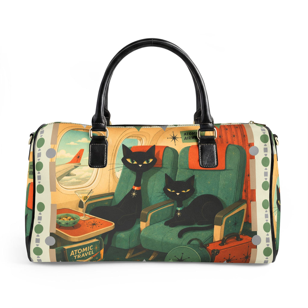 Retro Atomic Black Cats Travel Bag | Faux Leather Duffle, Mid Century Plane Scene