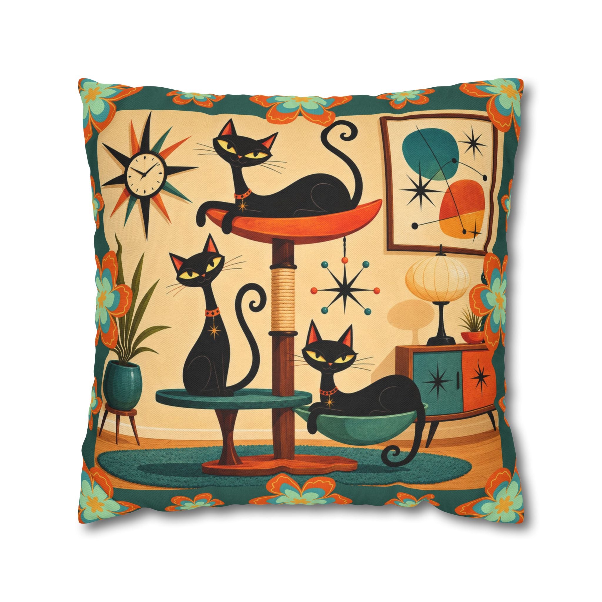 Retro Mid Century Atomic Cats pillowcase | Square Pillowcase - COVER ONLY