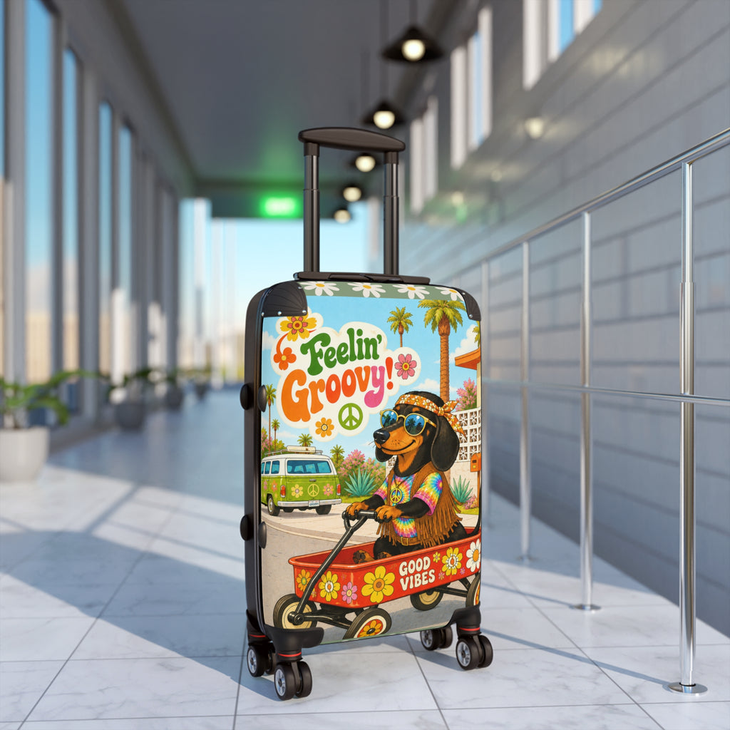 Feelin' Groovy Dachshund in Wagon Suitcase | Retro Hippie Good Vibes Travel Luggage