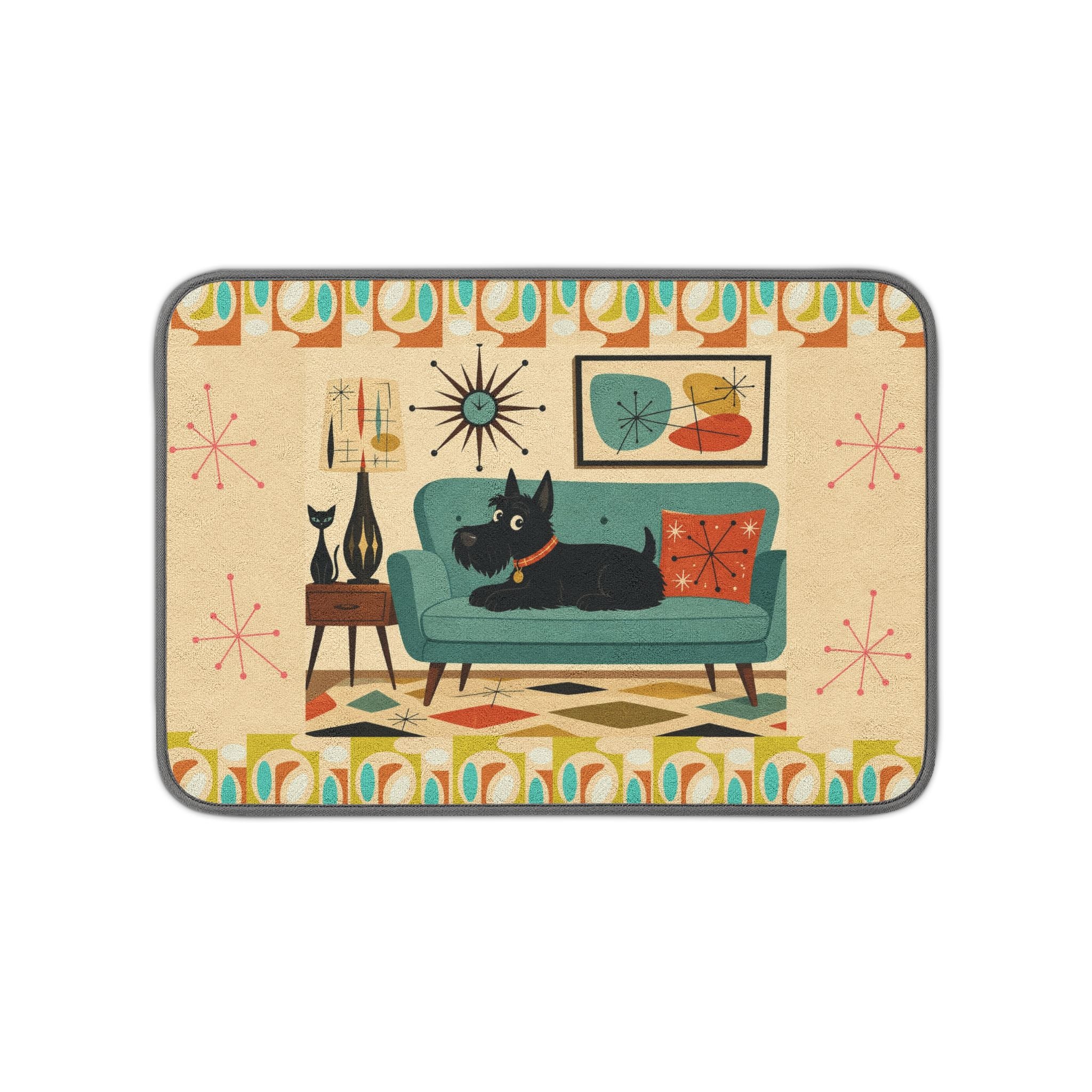 Mid Century Living Room Scotty Dog Microfiber Kitchen Dish Mat | Retro Atomic Art