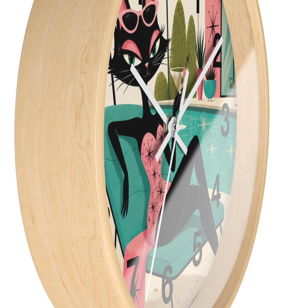 Retro Atomic Cat Lounge Wall Clock | Mid Century Modern Poolside Cat Art