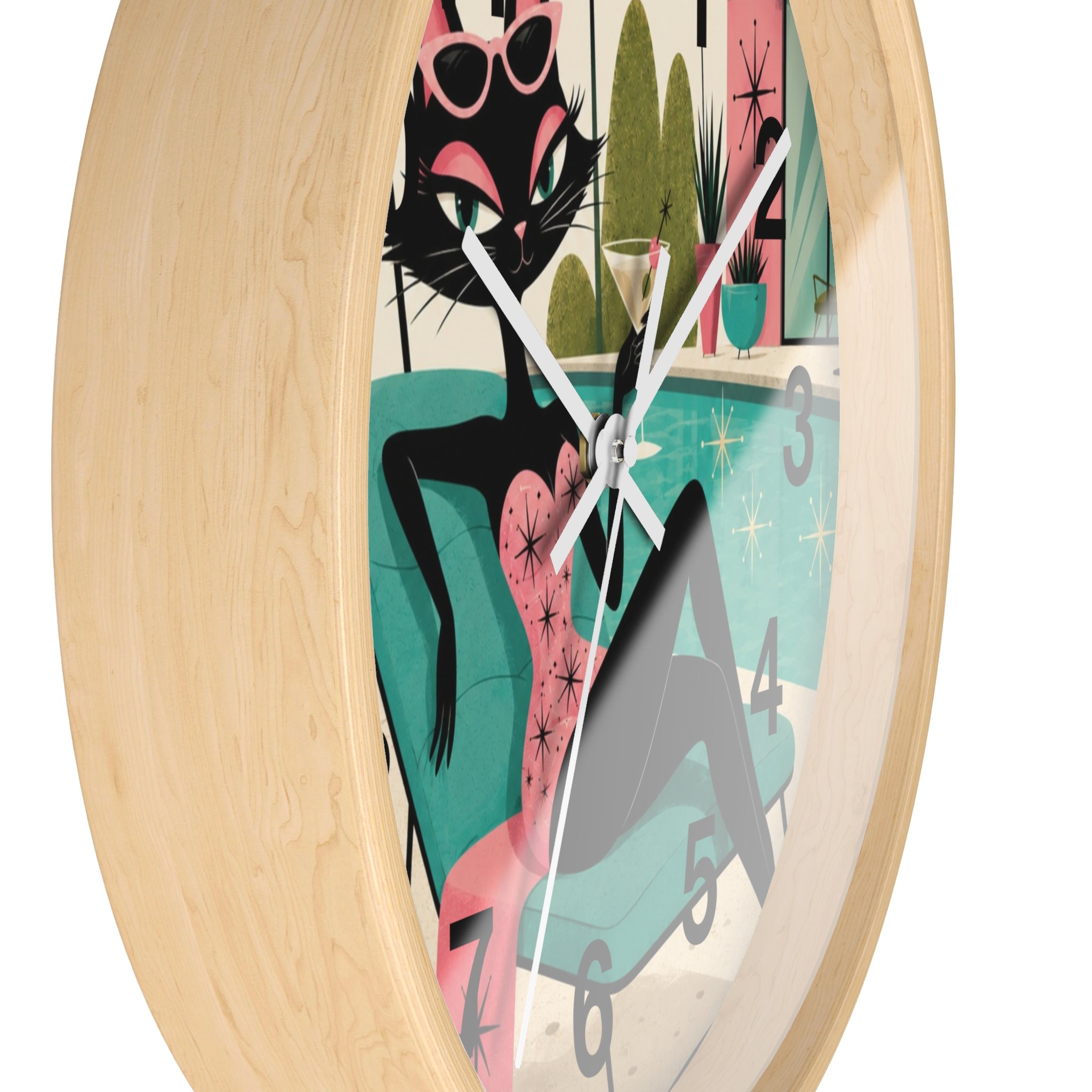 Retro Atomic Cat Lounge Wall Clock | Mid Century Modern Poolside Cat Art