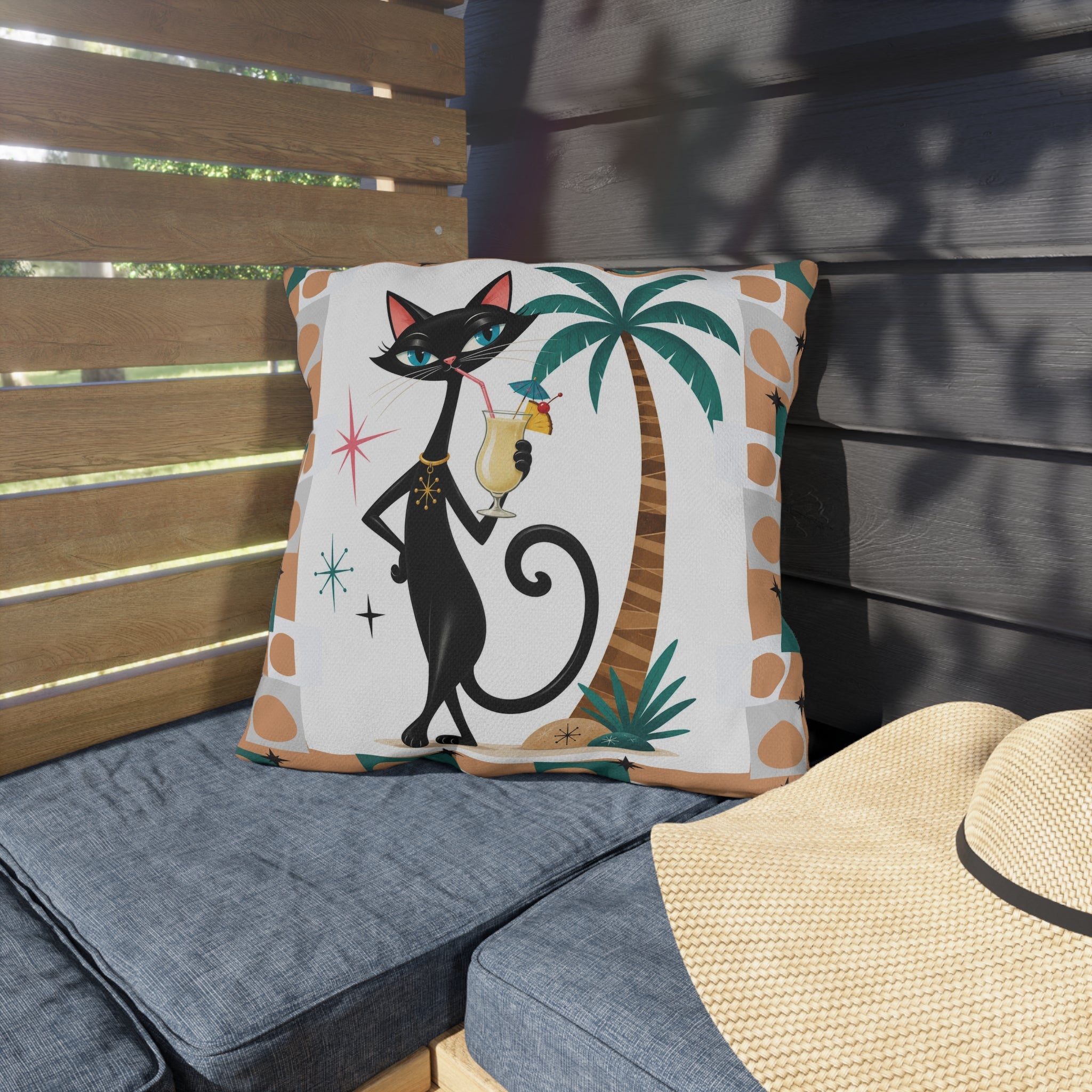 Retro Atomic Black Cat Tiki Outdoor Pillow | Palm Tree Cocktail Cushion