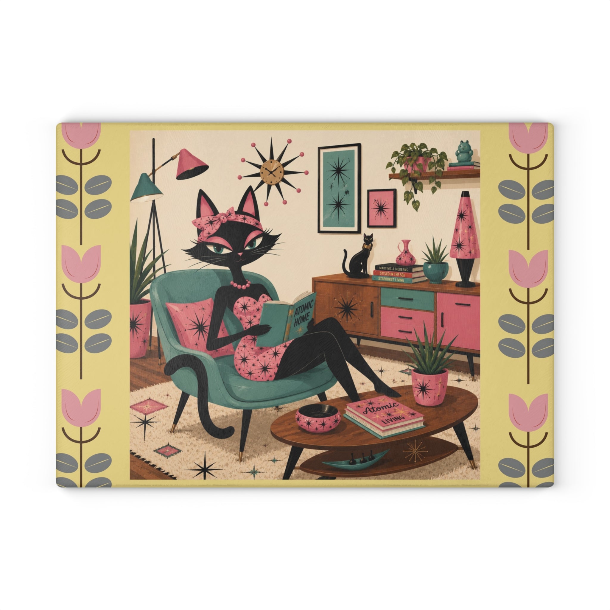 Retro Lounge Atomic Cat Glass Cutting Board | Mid Century Kitchen Decor