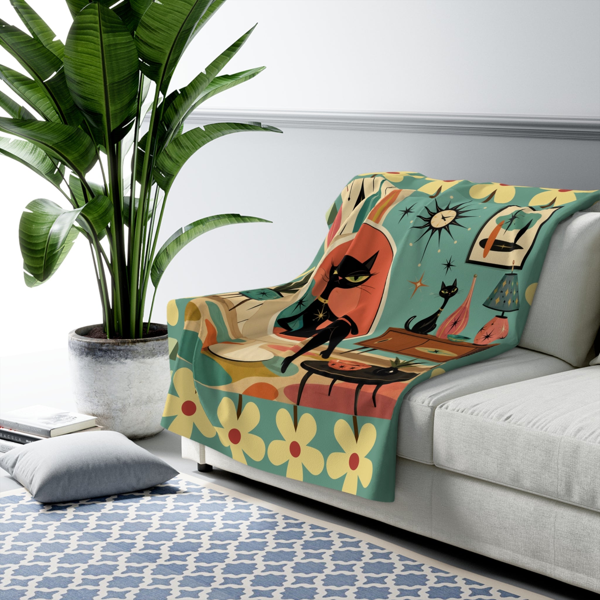 Mid-Century Retro Atomic Cat in Egg chair Lounge Sherpa Fleece Blanket | Vintage Mod Cat