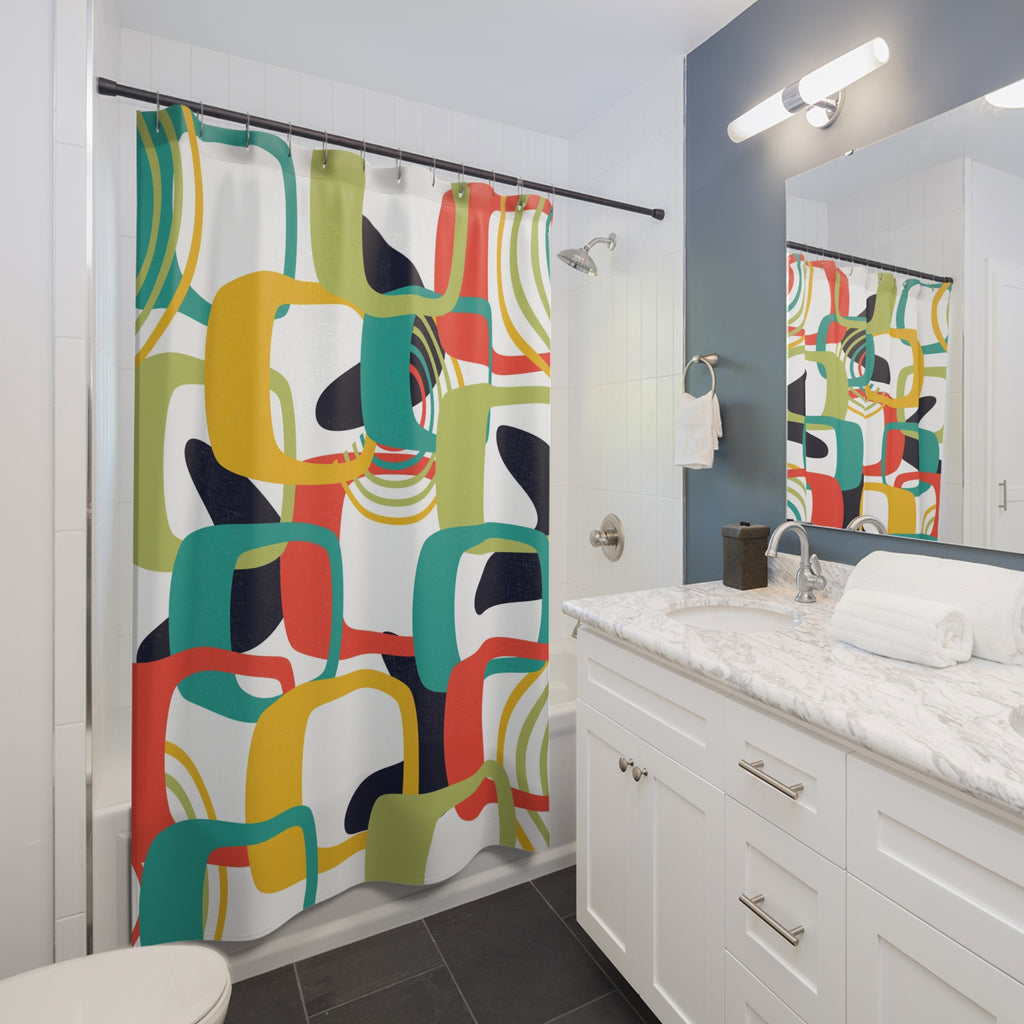 Colorful MCM shapes Shower Curtain, Mid Century Modern, retro bathroom decor, stall shower curtain