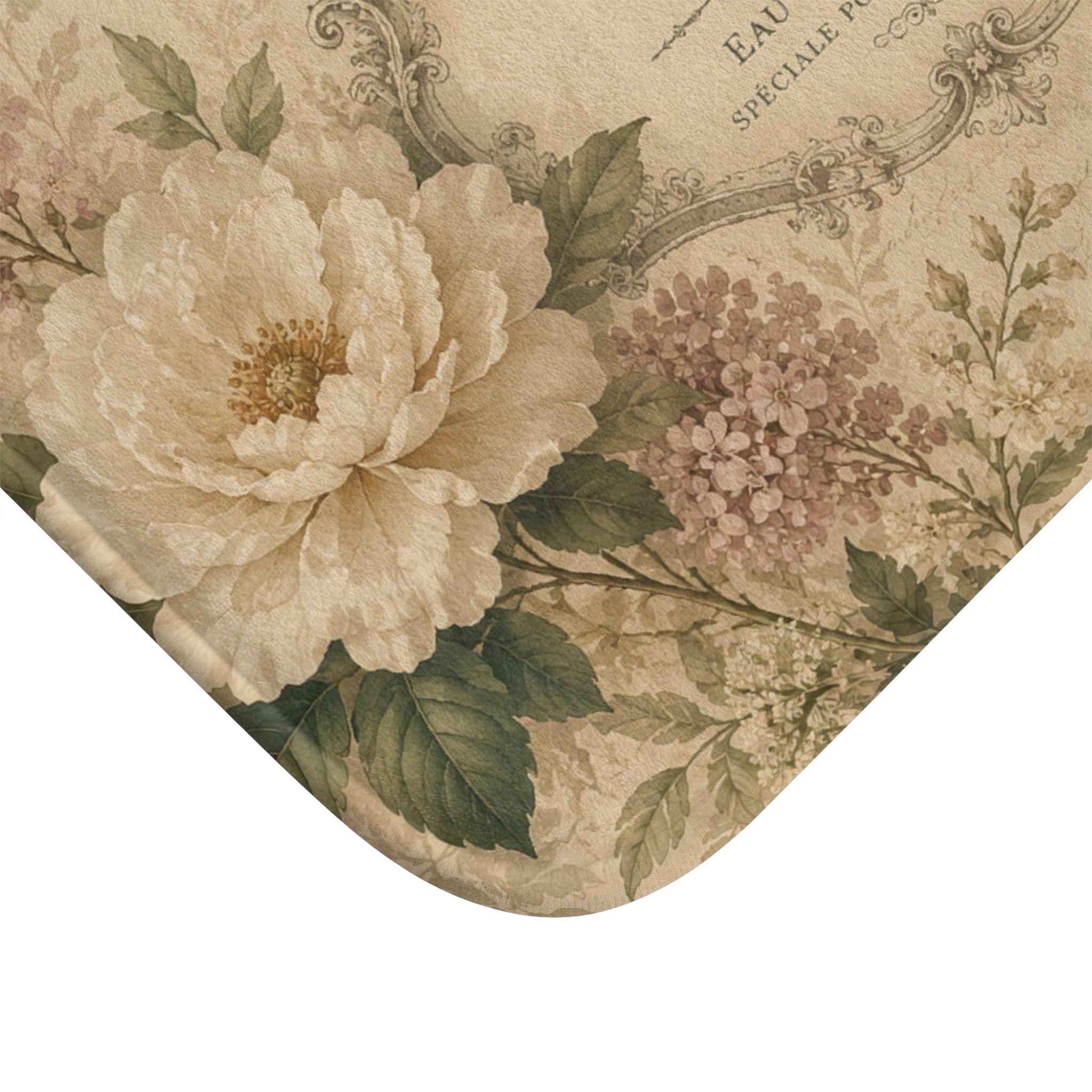 Vintage Floral Label Bath Mat | Shabby Chic Peonies, Butterflies
